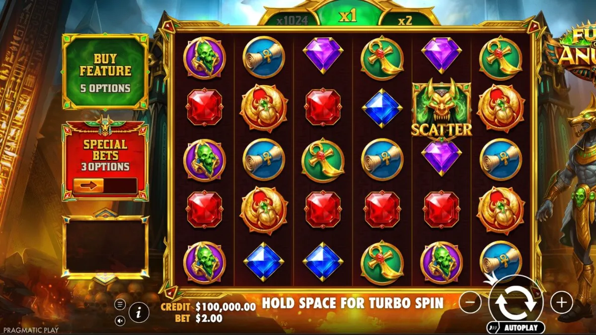 Tampilan visual slot Fury of Anubis dengan tema Mesir Kuno yang gelap