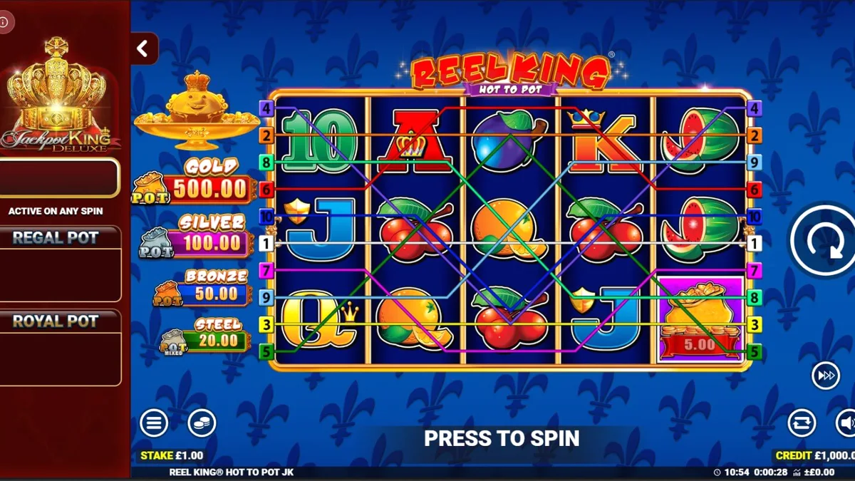 Tampilan visual slot Reel King: Hot to Pot dengan nuansa emas dan mahkota kerajaan