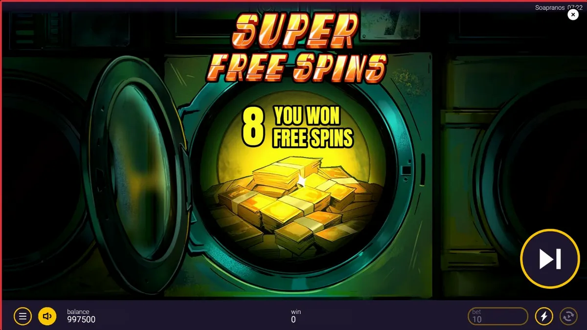 Tampilan visual slot The Soapranos dengan tema laundromat mafia yang penuh warna