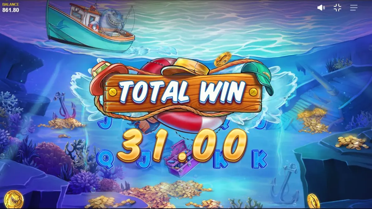 Tampilan visual slot Shark Boss dengan hiu di atas perahu